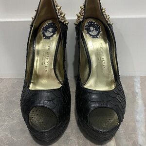 Philipp Plein Black and Gold Textured Heels
